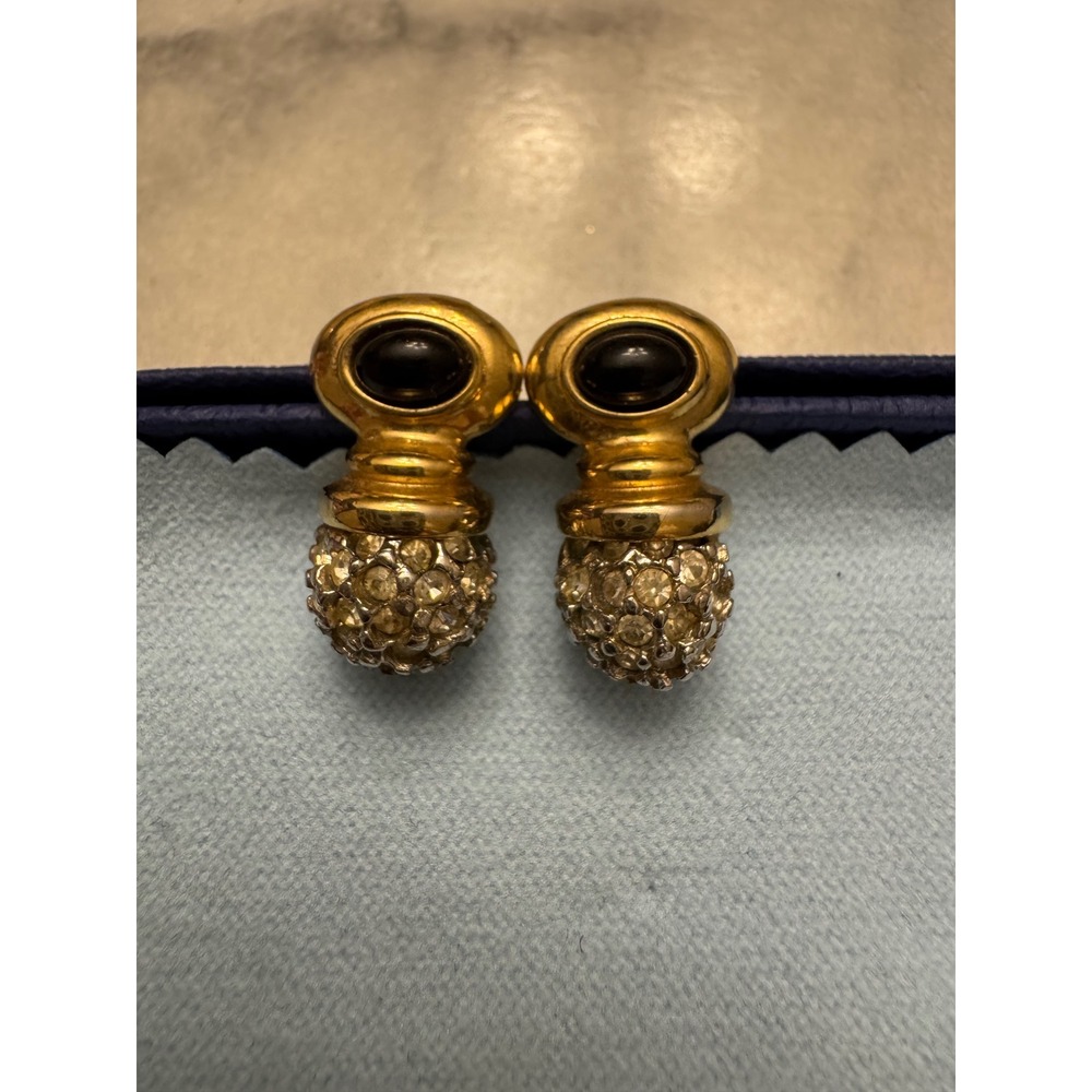 Vintage Gold Tone Black Cabochon Pave Crystal Sphere Post Earrings No Back stop